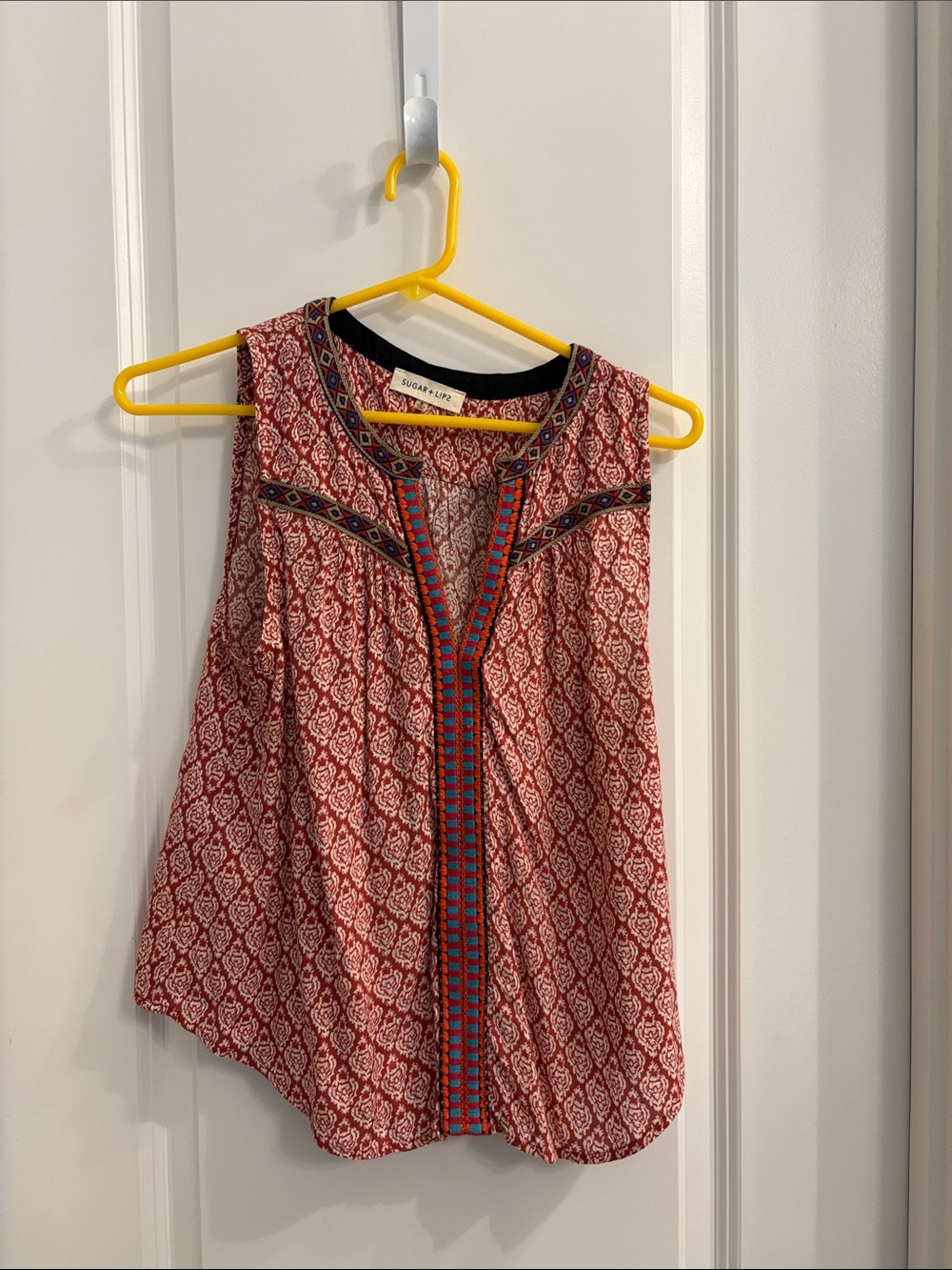 Sugarlips Red Printed Sleeveless Camisole with Multicolor Trim